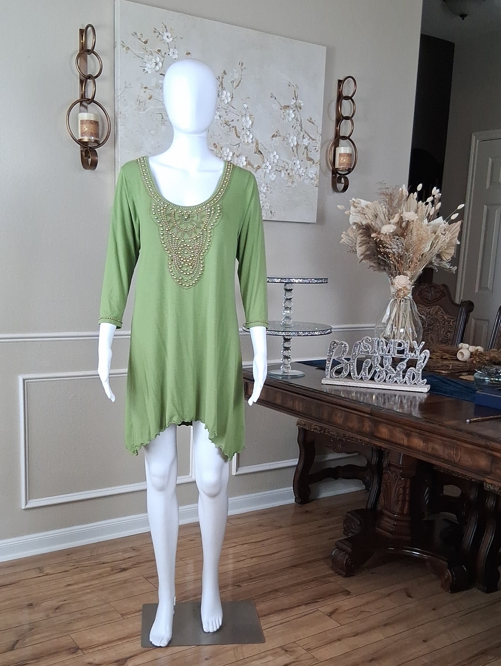 Women's Embellished Beaded Scoop Neck Tunic Summer Dress Olive Green Gold Medium - Picture 8 of 16